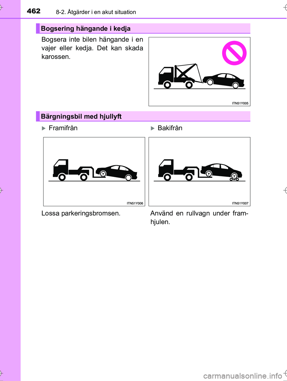 TOYOTA AVENSIS 2016 Bruksanvisningar (in Swedish) 4628-2. Åtgärder i en akut situation
OM20C20SE
Bogsera inte bilen hängande i en
vajer eller kedja. Det kan skada
karossen.
Bogsering hängande i kedja
Bärgningsbil med hjullyft
FramifrånBak TOYOTA AVENSIS 2016 Bruksanvisningar (in Swedish) 4628-2. Åtgärder i en akut situation
OM20C20SE
Bogsera inte bilen hängande i en
vajer eller kedja. Det kan skada
karossen.
Bogsering hängande i kedja
Bärgningsbil med hjullyft
FramifrånBak