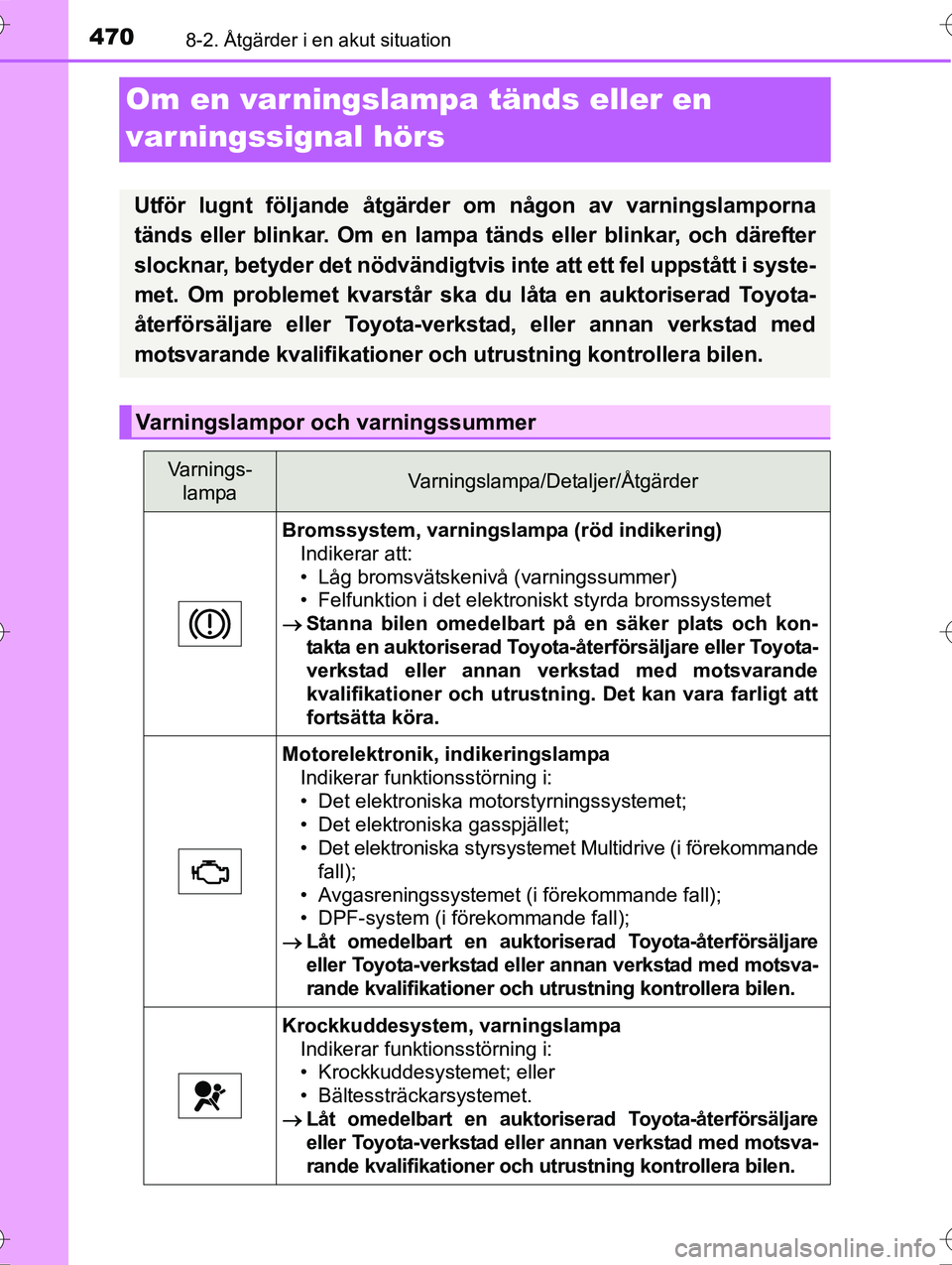 TOYOTA AVENSIS 2016 Bruksanvisningar (in Swedish) 4708-2. Åtgärder i en akut situation
OM20C20SE
Om en varningslampa tänds eller en
varningssignal hörs
Utför lugnt följande åtgärder om någon av varningslamporna
tänds eller blinkar. Om en l TOYOTA AVENSIS 2016 Bruksanvisningar (in Swedish) 4708-2. Åtgärder i en akut situation
OM20C20SE
Om en varningslampa tänds eller en
varningssignal hörs
Utför lugnt följande åtgärder om någon av varningslamporna
tänds eller blinkar. Om en l