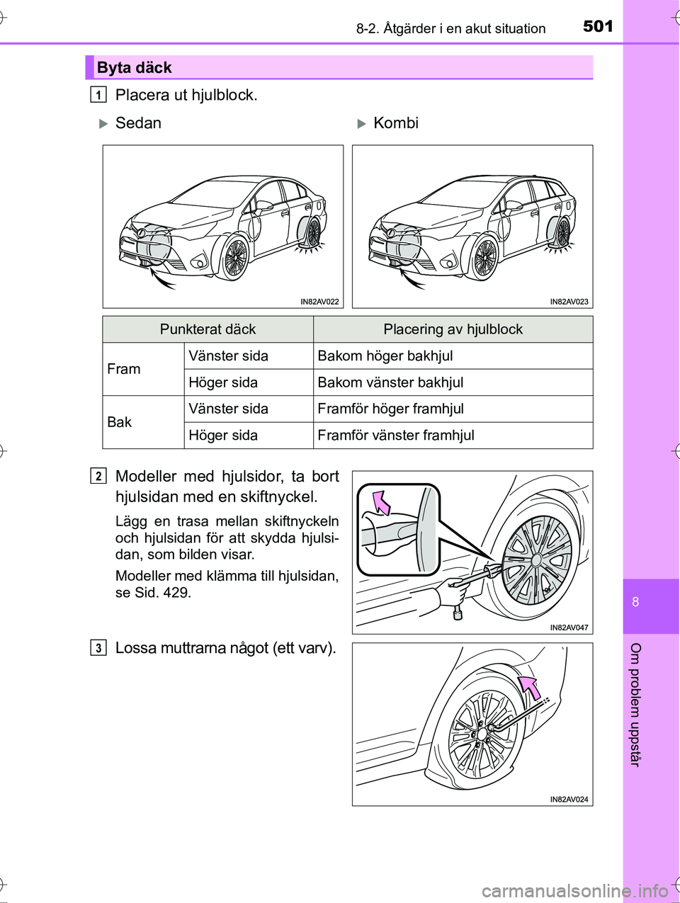 TOYOTA AVENSIS 2016  Bruksanvisningar (in Swedish) 5018-2. Åtgärder i en akut situation
OM20C20SE
8
Om problem uppstår
Placera ut hjulblock.
Modeller med hjulsidor, ta bort
hjulsidan med en skiftnyckel.
Lägg en trasa mellan skiftnyckeln
och hjulsi