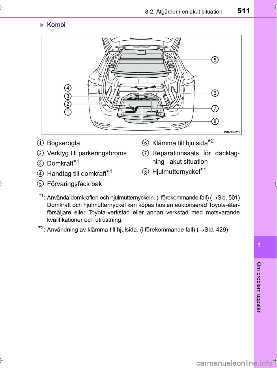 TOYOTA AVENSIS 2016 Bruksanvisningar (in Swedish) 5118-2. Åtgärder i en akut situation
OM20C20SE
8
Om problem uppstår
Kombi
*1: Använda domkraften och hjulmutternyckeln. (i förekommande fall) (Sid. 501)
Domkraft och hjulmutternyckel kan k TOYOTA AVENSIS 2016 Bruksanvisningar (in Swedish) 5118-2. Åtgärder i en akut situation
OM20C20SE
8
Om problem uppstår
Kombi
*1: Använda domkraften och hjulmutternyckeln. (i förekommande fall) (Sid. 501)
Domkraft och hjulmutternyckel kan k