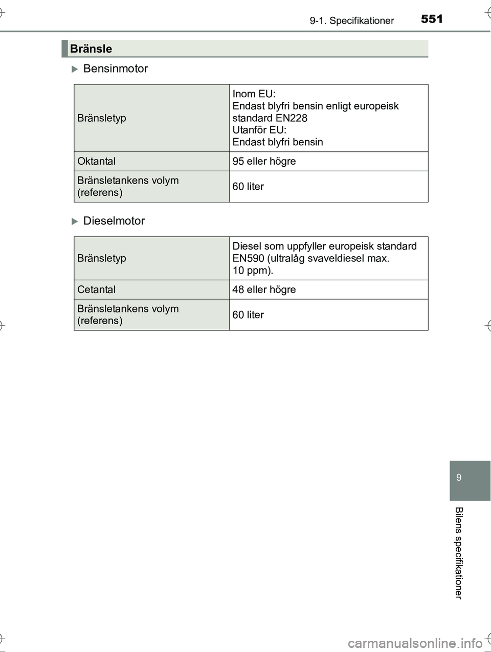 TOYOTA AVENSIS 2016  Bruksanvisningar (in Swedish) 5519-1. Specifikationer
OM20C20SE
9
Bilens specifikationer
Bensinmotor
Dieselmotor
Bränsle
BränsletypInom EU:
Endast blyfri bensin enligt europeisk 
standard EN228
Utanför EU:
Endast blyfri b
