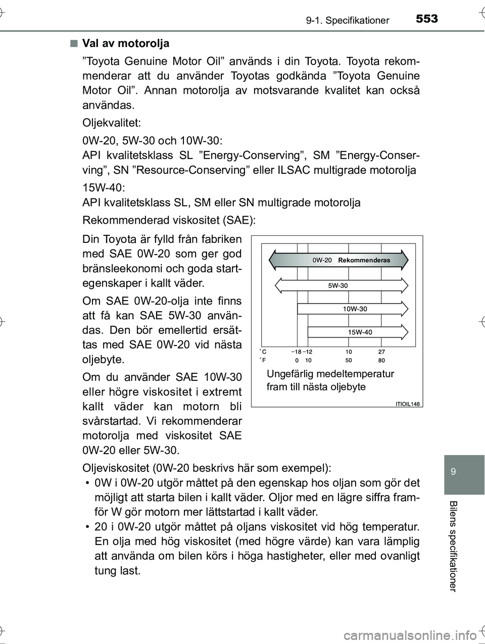 TOYOTA AVENSIS 2016  Bruksanvisningar (in Swedish) 5539-1. Specifikationer
OM20C20SE
9
Bilens specifikationer
nVal av motorolja
”Toyota Genuine Motor Oil” används i din Toyota. Toyota rekom-
menderar att du använder Toyotas godkända ”Toyota G