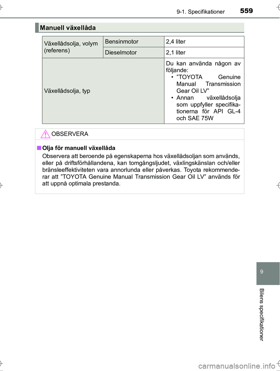 TOYOTA AVENSIS 2016  Bruksanvisningar (in Swedish) 5599-1. Specifikationer
OM20C20SE
9
Bilens specifikationer
Manuell växellåda
Växellådsolja, volym 
(referens)Bensinmotor2,4 liter
Dieselmotor2,1 liter
Växellådsolja, typ
Du kan använda någon a