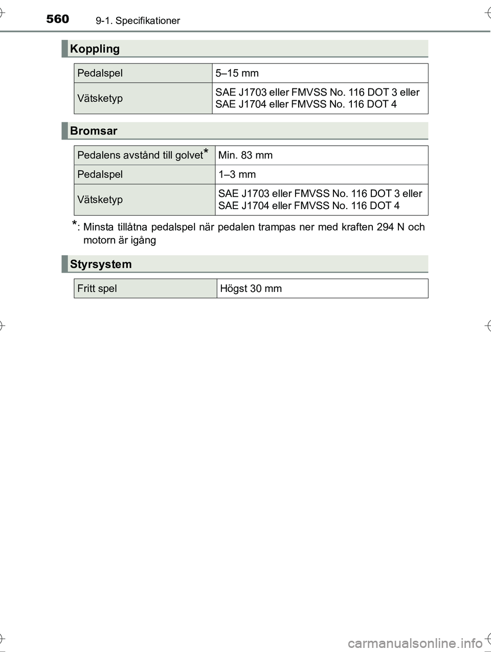 TOYOTA AVENSIS 2016  Bruksanvisningar (in Swedish) 5609-1. Specifikationer
OM20C20SE
*: Minsta tillåtna pedalspel när pedalen trampas ner med kraften 294 N ochmotorn är igång
Koppling
Pedalspel5–15 mm
VätsketypSAE J1703 eller FMVSS No. 116 DOT 