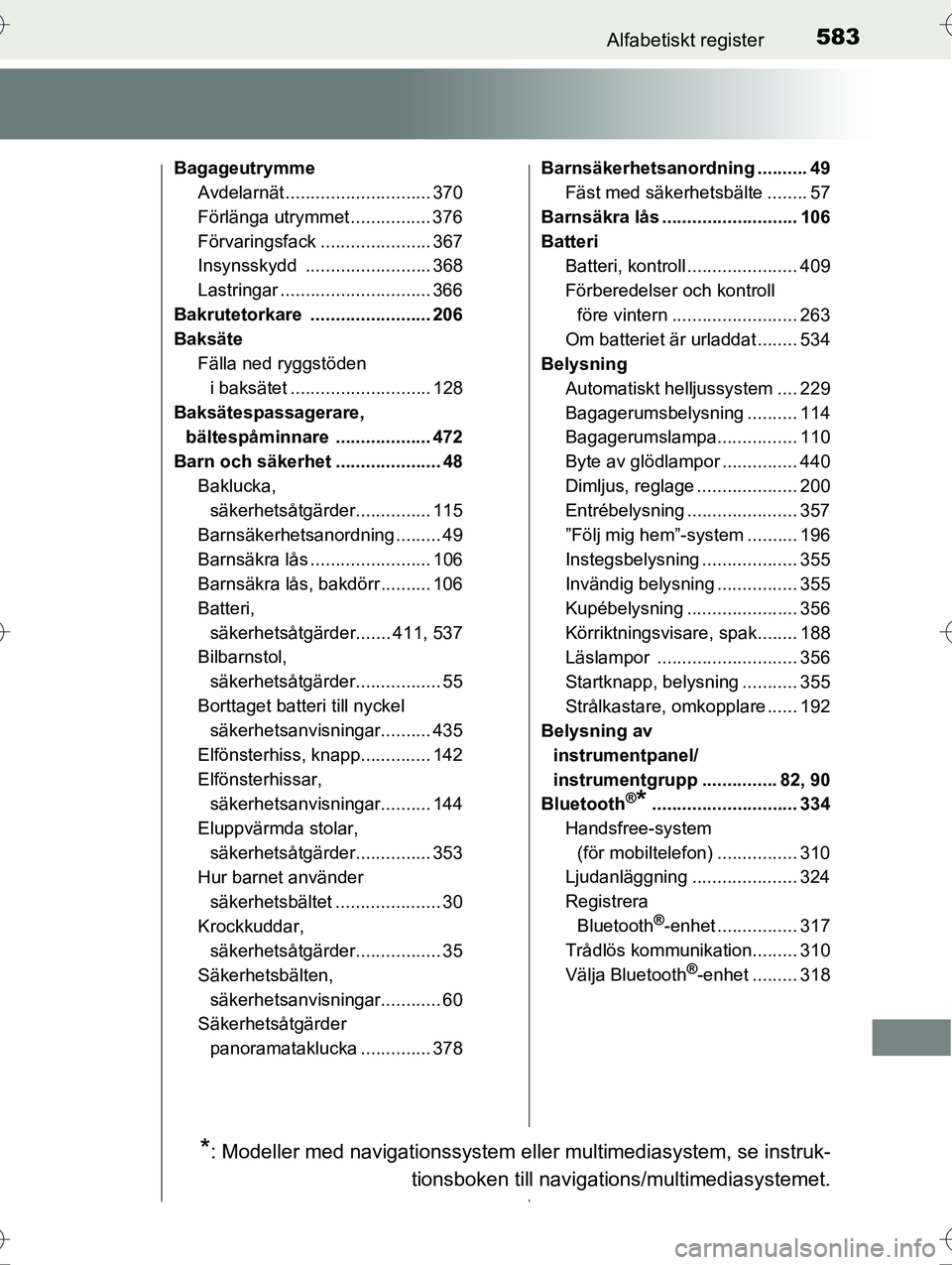 TOYOTA AVENSIS 2016  Bruksanvisningar (in Swedish) 583Alfabetiskt register
OM20C20SE
BagageutrymmeAvdelarnät ............................. 370
Förlänga utrymmet ................ 376
Förvaringsfack ...................... 367
Insynsskydd ........ ..