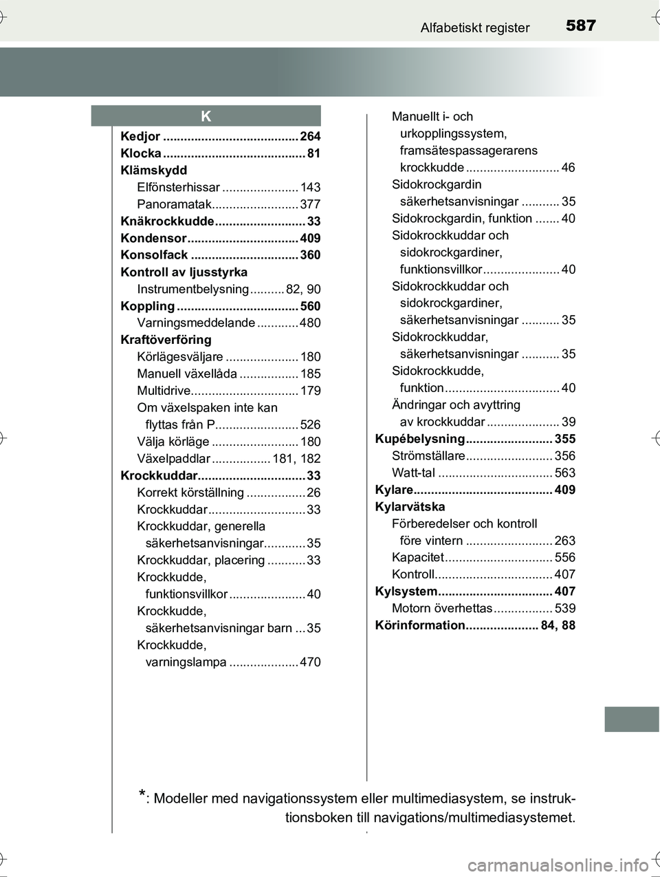 TOYOTA AVENSIS 2016  Bruksanvisningar (in Swedish) 587Alfabetiskt register
OM20C20SE
Kedjor ....................................... 264
Klocka ......................................... 81
KlämskyddElfönsterhissar ...................... 143
Panoramat