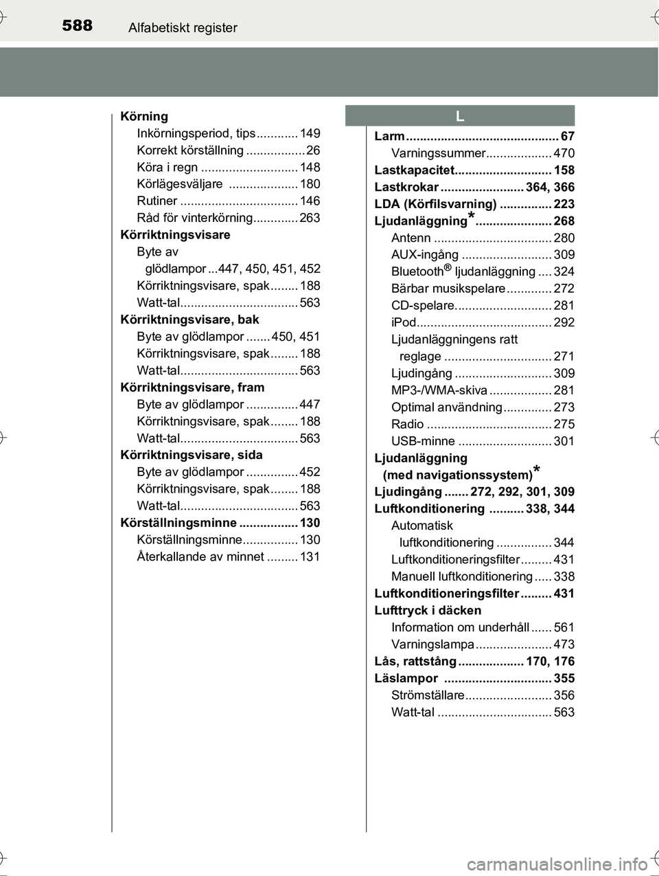 TOYOTA AVENSIS 2016  Bruksanvisningar (in Swedish) 588Alfabetiskt register
OM20C20SE
KörningInkörningsperiod, tips ............ 149
Korrekt körställning ................. 26
Köra i regn ............................ 148
Körlägesväljare ........