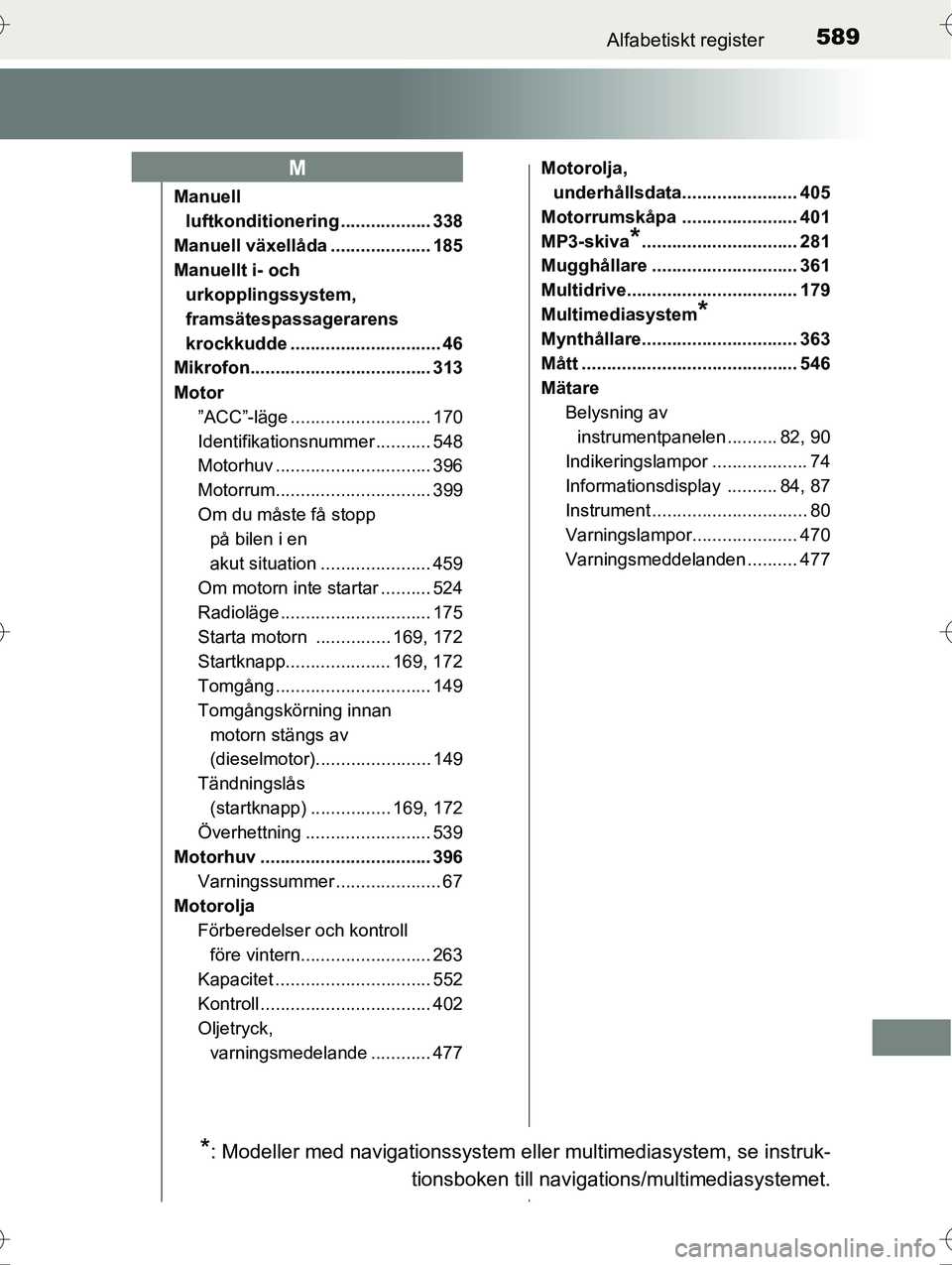 TOYOTA AVENSIS 2016  Bruksanvisningar (in Swedish) 589Alfabetiskt register
OM20C20SE
Manuell luftkonditionering .................. 338
Manuell växellåda .................... 185
Manuellt i- och  urkopplingssystem, 
framsätespassagerarens 
krockkudd