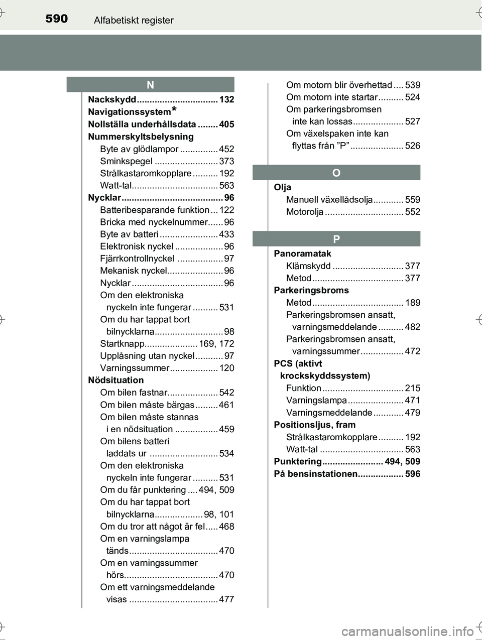 TOYOTA AVENSIS 2016  Bruksanvisningar (in Swedish) 590Alfabetiskt register
OM20C20SE
Nackskydd ................................ 132
Navigationssystem
*
Nollställa underhållsdata ........ 405
NummerskyltsbelysningByte av glödlampor ............... 4