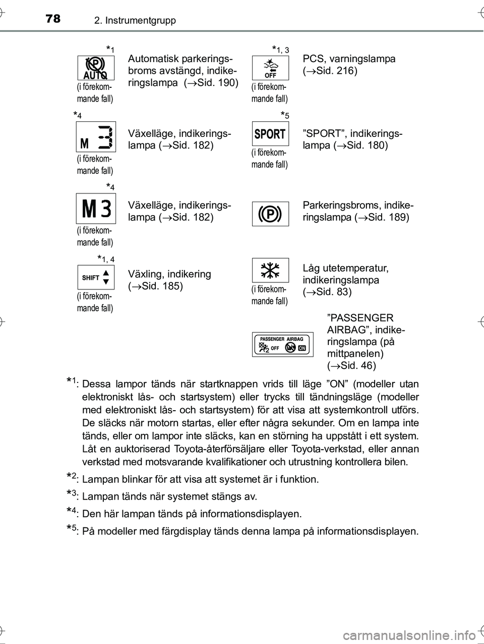 TOYOTA AVENSIS 2016  Bruksanvisningar (in Swedish) 782. Instrumentgrupp
OM20C20SE
*1: Dessa lampor tänds när startknappen vrids till läge ”ON” (modeller utanelektroniskt lås- och startsystem) eller trycks till tändningsläge (modeller
med ele