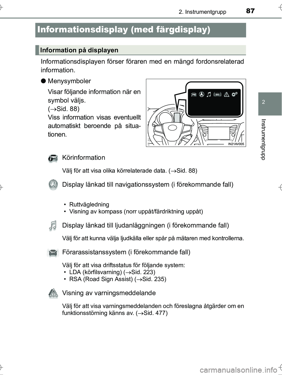 TOYOTA AVENSIS 2016  Bruksanvisningar (in Swedish) 87
2
2. Instrumentgrupp
Instrumentgrupp
OM20C20SE
Informationsdisplay (med färgdisplay)
Informationsdisplayen förser föraren med en mängd fordonsrelaterad
information.
lMenysymboler
Visar följand