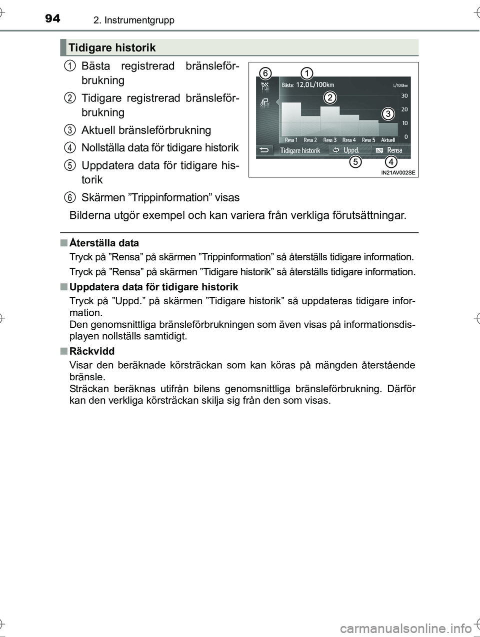 TOYOTA AVENSIS 2016  Bruksanvisningar (in Swedish) 942. Instrumentgrupp
OM20C20SE
Bästa registrerad bränsleför-
brukning
Tidigare registrerad bränsleför-
brukning
Aktuell bränsleförbrukning
Nollställa data för tidigare historik
Uppdatera data