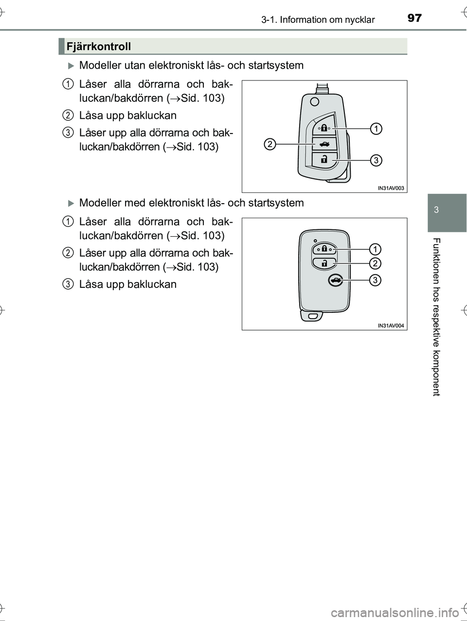 TOYOTA AVENSIS 2016  Bruksanvisningar (in Swedish) 973-1. Information om nycklar
3
Funktionen hos respektive komponent
OM20C20SE
Modeller utan elektroniskt lås- och startsystem
Låser alla dörrarna och bak-
luckan/bakdörren (Sid. 103)
Låsa u