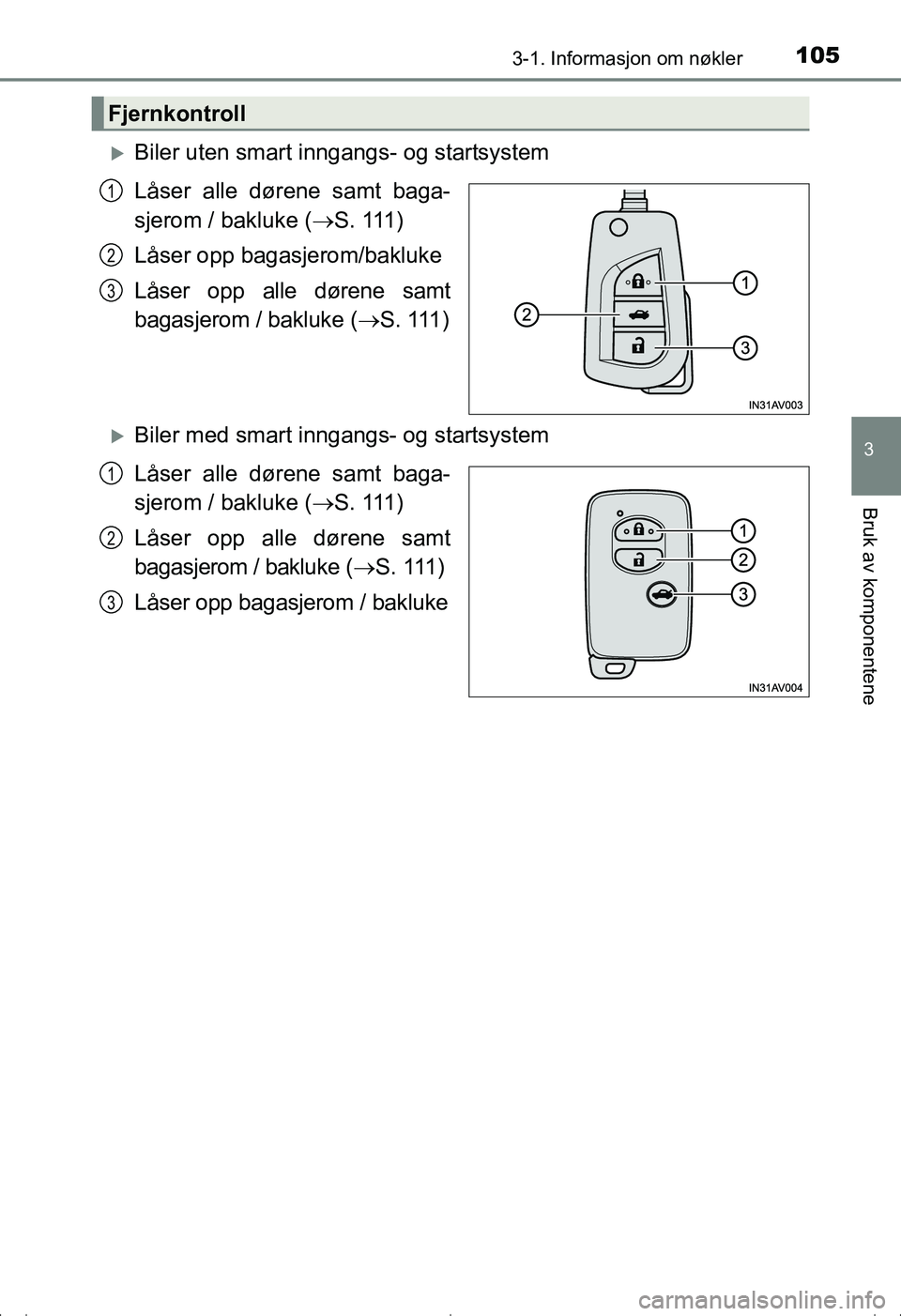 TOYOTA AVENSIS 2016  Instruksjoner for bruk (in Norwegian) 1053-1. Informasjon om nøkler
3
Bruk av komponentene
OM20C20NO
Biler uten smart inngangs- og startsystem
Låser alle dørene samt baga-
sjerom / bakluke (S . 111 )
Låser opp bagasjerom/bakluke
