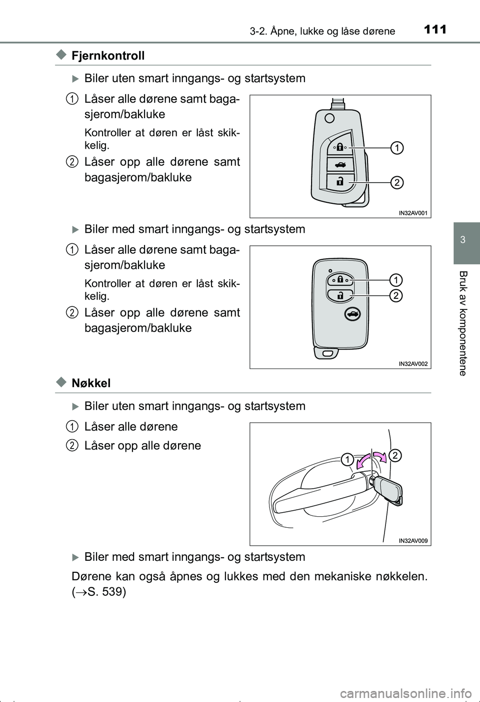 TOYOTA AVENSIS 2016  Instruksjoner for bruk (in Norwegian) 1113-2. Åpne, lukke og låse dørene
3
Bruk av komponentene
OM20C20NO
uFjernkontroll
Biler uten smart inngangs- og startsystem
Låser alle dørene samt baga-
sjerom/bakluke
Kontroller at døren er
