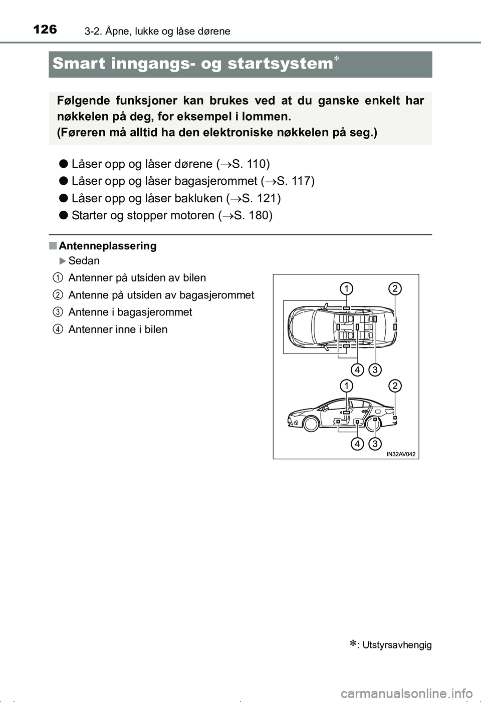 TOYOTA AVENSIS 2016  Instruksjoner for bruk (in Norwegian) 1263-2. Åpne, lukke og låse dørene
OM20C20NO
Smart inngangs- og star tsystem
lLåser opp og låser dørene ( S. 110)
l Låser opp og låser bagasjerommet ( S. 117)
l Låser opp og låser b