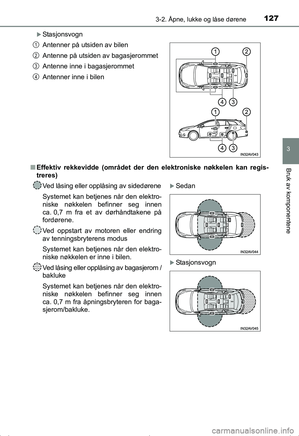 TOYOTA AVENSIS 2016  Instruksjoner for bruk (in Norwegian) 1273-2. Åpne, lukke og låse dørene
3
Bruk av komponentene
OM20C20NO
Stasjonsvogn
n Effektiv rekkevidde (området der de n elektroniske nøkkelen kan regis-
treres) Antenner på utsiden av bilen
