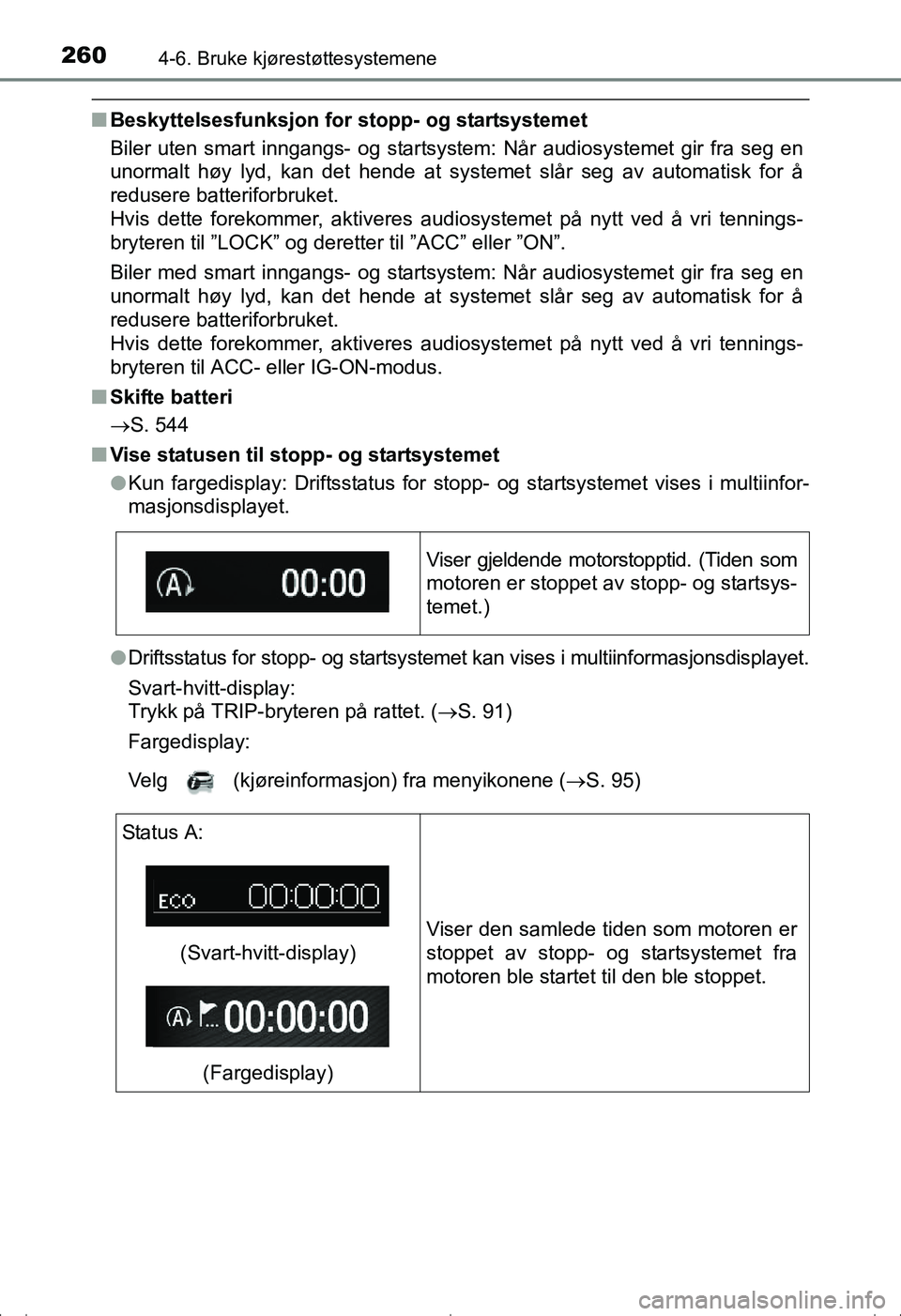 TOYOTA AVENSIS 2016 Instruksjoner for bruk (in Norwegian) 2604-6. Bruke kjørestøttesystemene
OM20C20NO
nBeskyttelsesfunksjon for stopp- og startsystemet
Biler uten smart inngangs- og startsystem: Når audiosystemet gir fra seg en
unormalt høy lyd, kan det TOYOTA AVENSIS 2016 Instruksjoner for bruk (in Norwegian) 2604-6. Bruke kjørestøttesystemene
OM20C20NO
nBeskyttelsesfunksjon for stopp- og startsystemet
Biler uten smart inngangs- og startsystem: Når audiosystemet gir fra seg en
unormalt høy lyd, kan det