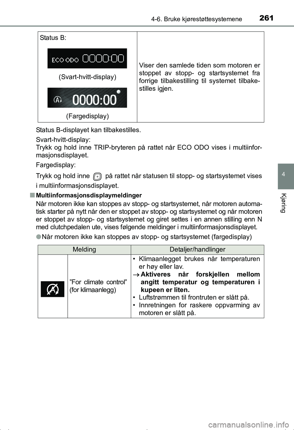 TOYOTA AVENSIS 2016 Instruksjoner for bruk (in Norwegian) 2614-6. Bruke kjørestøttesystemene
4
Kjøring
OM20C20NOStatus B-displayet kan tilbakestilles.
Svart-hvitt-display:
Trykk og hold inne TRIP-bryteren på rattet når ECO ODO vises i multiinfor-
masjo TOYOTA AVENSIS 2016 Instruksjoner for bruk (in Norwegian) 2614-6. Bruke kjørestøttesystemene
4
Kjøring
OM20C20NOStatus B-displayet kan tilbakestilles.
Svart-hvitt-display:
Trykk og hold inne TRIP-bryteren på rattet når ECO ODO vises i multiinfor-
masjo