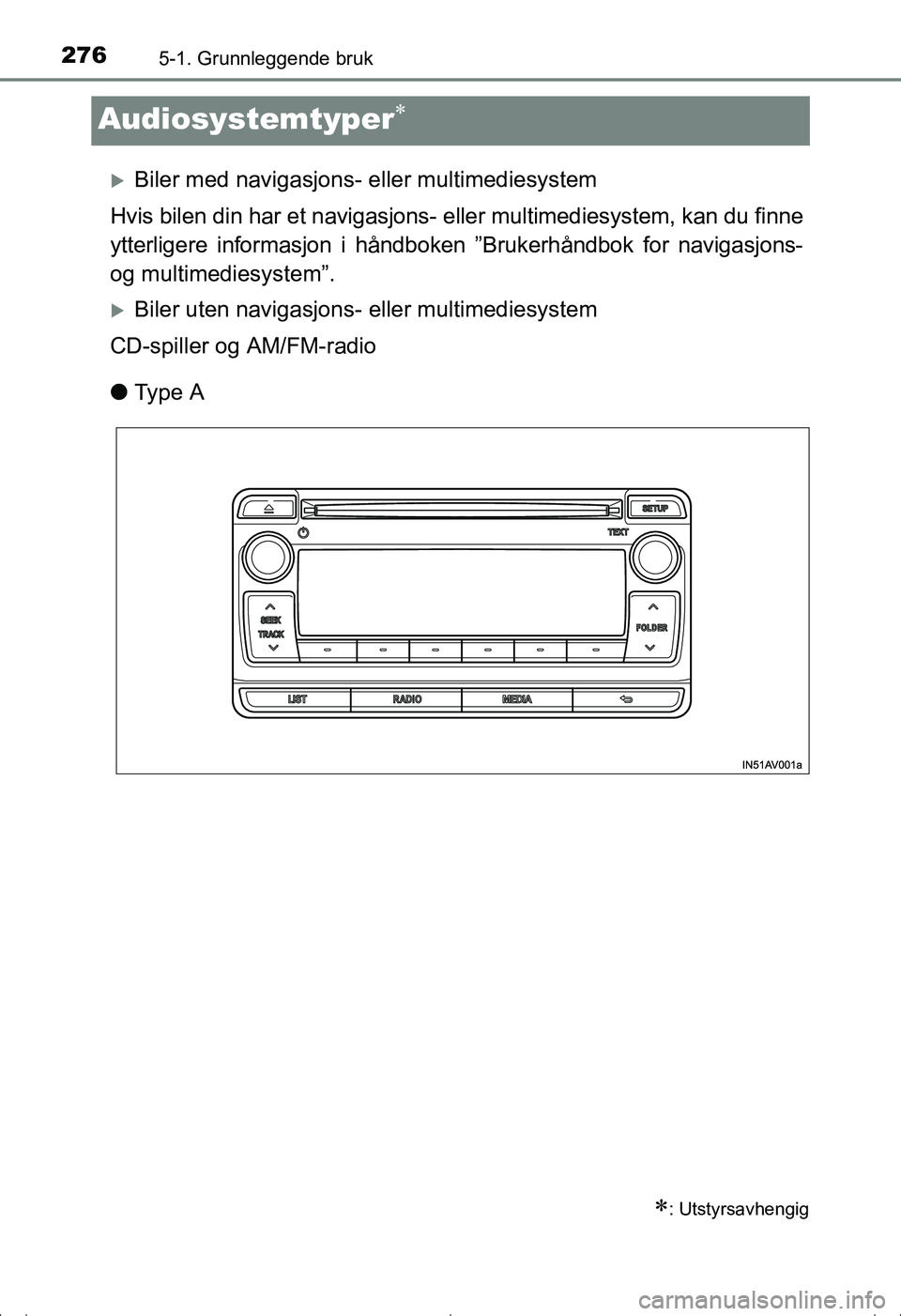 TOYOTA AVENSIS 2016 Instruksjoner for bruk (in Norwegian) 2765-1. Grunnleggende bruk
OM20C20NO
Audiosystemtyper
Biler med navigasjons- eller multimediesystem
Hvis bilen din har et navigasjons- eller multimediesystem, kan du finne
ytterligere informasjo TOYOTA AVENSIS 2016 Instruksjoner for bruk (in Norwegian) 2765-1. Grunnleggende bruk
OM20C20NO
Audiosystemtyper
Biler med navigasjons- eller multimediesystem
Hvis bilen din har et navigasjons- eller multimediesystem, kan du finne
ytterligere informasjo