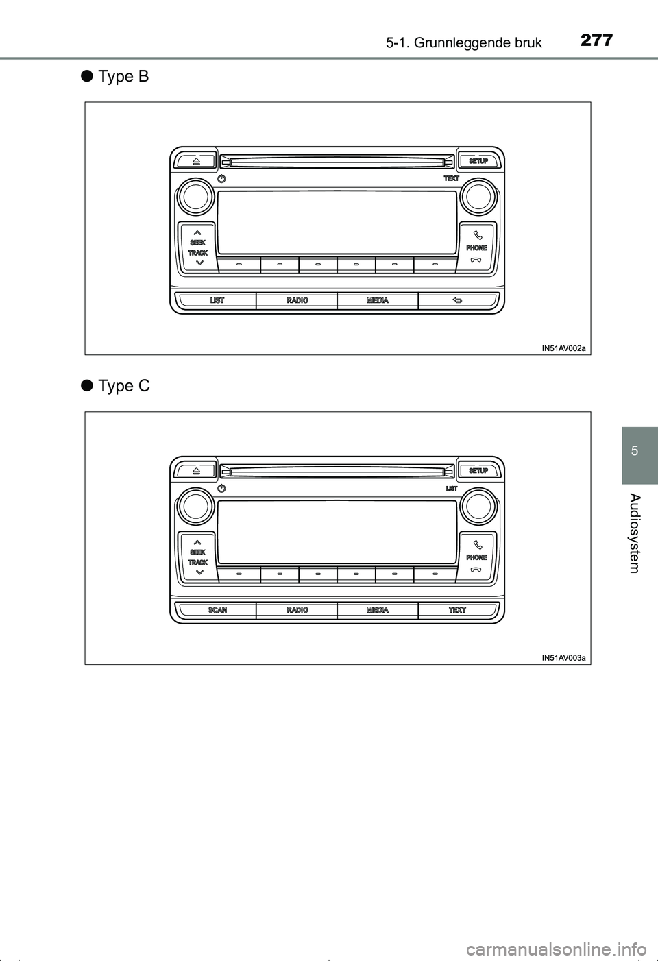 TOYOTA AVENSIS 2016  Instruksjoner for bruk (in Norwegian) 2775-1. Grunnleggende bruk
5
Audiosystem
OM20C20NO
lTy p e  B
l Ty p e  C
OM20C20NO.book  Page 277  Friday, April 29, 2016  10:14 AM 