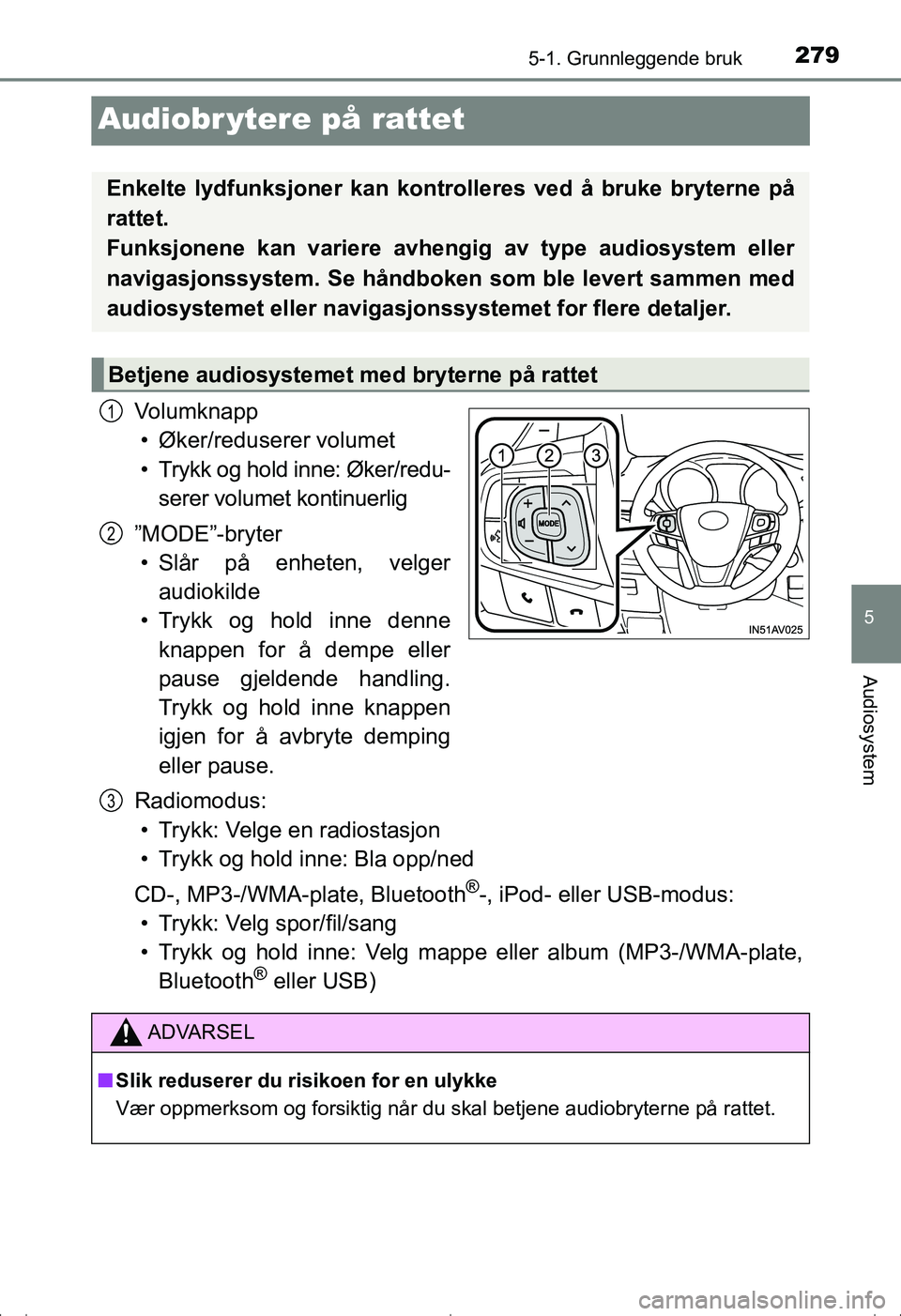 TOYOTA AVENSIS 2016 Instruksjoner for bruk (in Norwegian) 279
5
5-1. Grunnleggende bruk
Audiosystem
OM20C20NO
Audiobr ytere på rattet
Volumknapp• Øker/reduserer volumet
• Trykk og hold inne: Øker/redu- serer volumet kontinuerlig
”MODE”-bryter • TOYOTA AVENSIS 2016 Instruksjoner for bruk (in Norwegian) 279
5
5-1. Grunnleggende bruk
Audiosystem
OM20C20NO
Audiobr ytere på rattet
Volumknapp• Øker/reduserer volumet
• Trykk og hold inne: Øker/redu- serer volumet kontinuerlig
”MODE”-bryter •