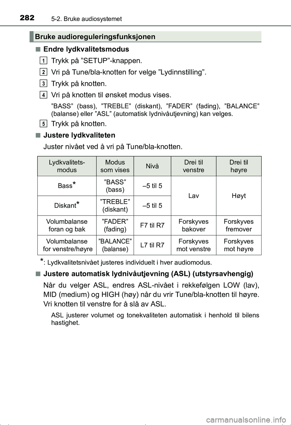 TOYOTA AVENSIS 2016  Instruksjoner for bruk (in Norwegian) 2825-2. Bruke audiosystemet
OM20C20NOn
Endre lydkvalitetsmodus
Trykk på ”SETUP”-knappen.
Vri på Tune/bla-knotten  for velge ”Lydinnstilling”.
Trykk på knotten.
Vri på knotten til ønsket m