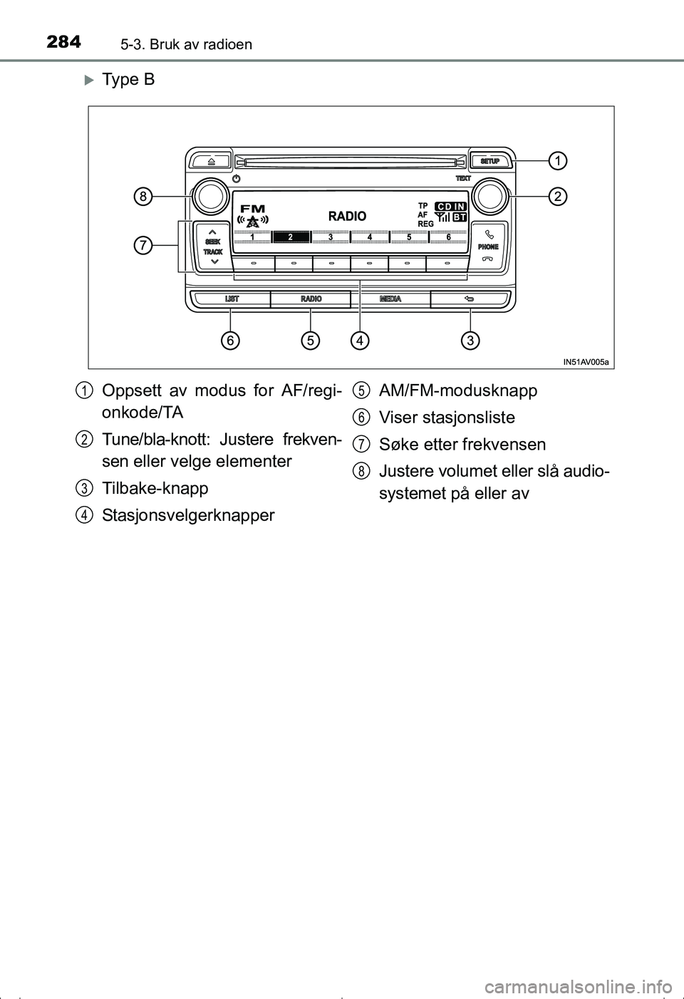 TOYOTA AVENSIS 2016  Instruksjoner for bruk (in Norwegian) 2845-3. Bruk av radioen
OM20C20NO
Ty p e  B
Oppsett av modus for AF/regi-
onkode/TA
Tune/bla-knott: Justere frekven-
sen eller velge elementer
Tilbake-knapp
StasjonsvelgerknapperAM/FM-modusknapp
Vi