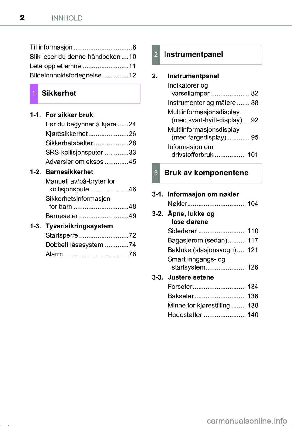 TOYOTA AVENSIS 2016 Instruksjoner for bruk (in Norwegian) INNHOLD2
OM20C20NOTil informasjon ................................8
Slik leser du denne håndboken ....10
Lete opp et emne .........................11
Bildeinnholdsfortegnelse ..............12
1-1. Fo TOYOTA AVENSIS 2016 Instruksjoner for bruk (in Norwegian) INNHOLD2
OM20C20NOTil informasjon ................................8
Slik leser du denne håndboken ....10
Lete opp et emne .........................11
Bildeinnholdsfortegnelse ..............12
1-1. Fo