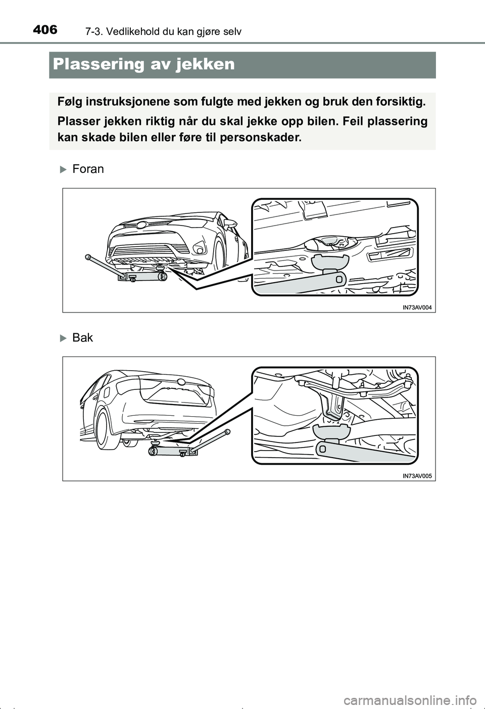 TOYOTA AVENSIS 2016 Instruksjoner for bruk (in Norwegian) 4067-3. Vedlikehold du kan gjøre selv
OM20C20NO
Plassering av jekken
Foran
Bak
Følg instruksjonene som fulgte med jekken og bruk den forsiktig.
Plasser jekken riktig når du skal jekke opp bi TOYOTA AVENSIS 2016 Instruksjoner for bruk (in Norwegian) 4067-3. Vedlikehold du kan gjøre selv
OM20C20NO
Plassering av jekken
Foran
Bak
Følg instruksjonene som fulgte med jekken og bruk den forsiktig.
Plasser jekken riktig når du skal jekke opp bi