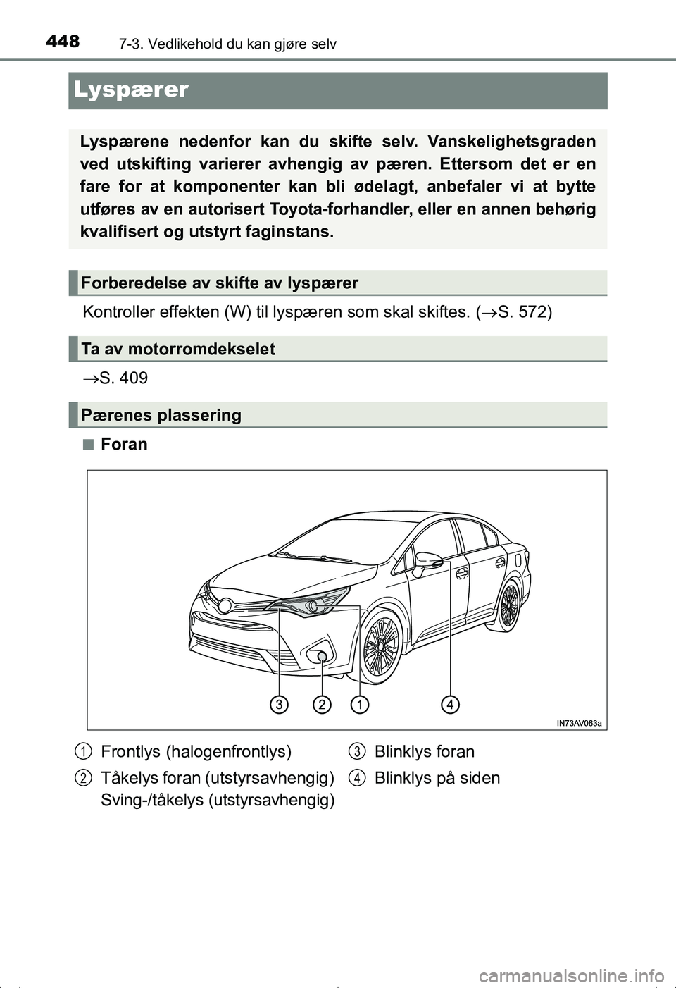 TOYOTA AVENSIS 2016  Instruksjoner for bruk (in Norwegian) 4487-3. Vedlikehold du kan gjøre selv
OM20C20NO
Lyspærer
Kontroller effekten (W) til lyspæren som skal skiftes. ( S. 572)
 S. 409
nForan
Lyspærene nedenfor kan du skifte selv. Vanskelighetsg