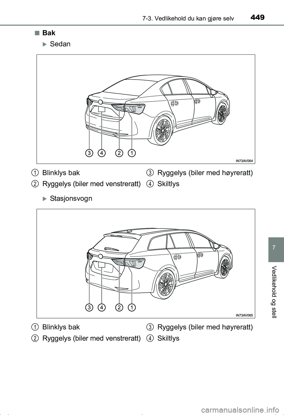 TOYOTA AVENSIS 2016  Instruksjoner for bruk (in Norwegian) 4497-3. Vedlikehold du kan gjøre selv
OM20C20NO
7
Vedlikehold og stell
nBak
Sedan
Stasjonsvogn
Blinklys bak
Ryggelys (biler med venstreratt)Ryggelys (biler med høyreratt)
Skiltlys1
2
3
4
Blink