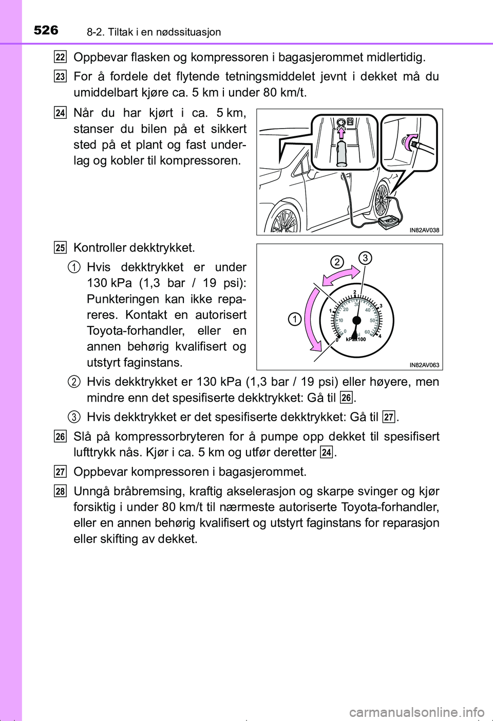 TOYOTA AVENSIS 2016 Instruksjoner for bruk (in Norwegian) 5268-2. Tiltak i en nødssituasjon
OM20C20NO
Oppbevar flasken og kompressoren i bagasjerommet midlertidig.
For å fordele det flytende tetningsmiddelet jevnt i dekket må du
umiddelbart kjøre ca. 5 k TOYOTA AVENSIS 2016 Instruksjoner for bruk (in Norwegian) 5268-2. Tiltak i en nødssituasjon
OM20C20NO
Oppbevar flasken og kompressoren i bagasjerommet midlertidig.
For å fordele det flytende tetningsmiddelet jevnt i dekket må du
umiddelbart kjøre ca. 5 k