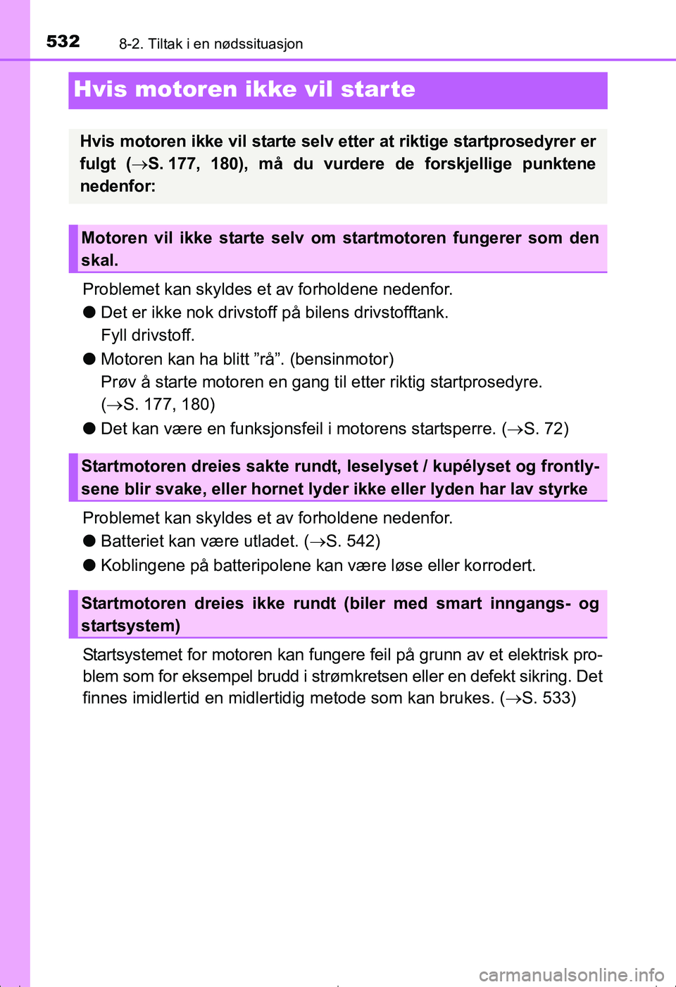TOYOTA AVENSIS 2016  Instruksjoner for bruk (in Norwegian) 5328-2. Tiltak i en nødssituasjon
OM20C20NO
Hvis motoren ikke vil star te
Problemet kan skyldes et av forholdene nedenfor.
lDet er ikke nok drivstof f på bilens drivstofftank.
Fyll drivstoff.
l Moto