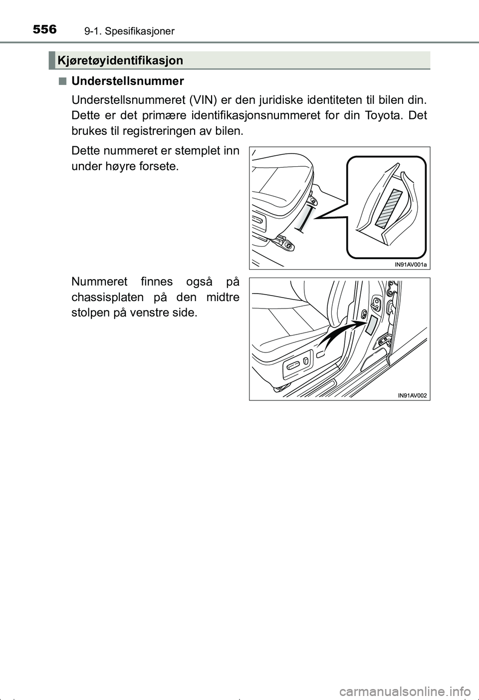 TOYOTA AVENSIS 2016  Instruksjoner for bruk (in Norwegian) 5569-1. Spesifikasjoner
OM20C20NOn
Understellsnummer
Understellsnummeret (VIN) er den juridiske identiteten til bilen din.
Dette er det primære identifikasjonsnummeret for din Toyota. Det
brukes til 