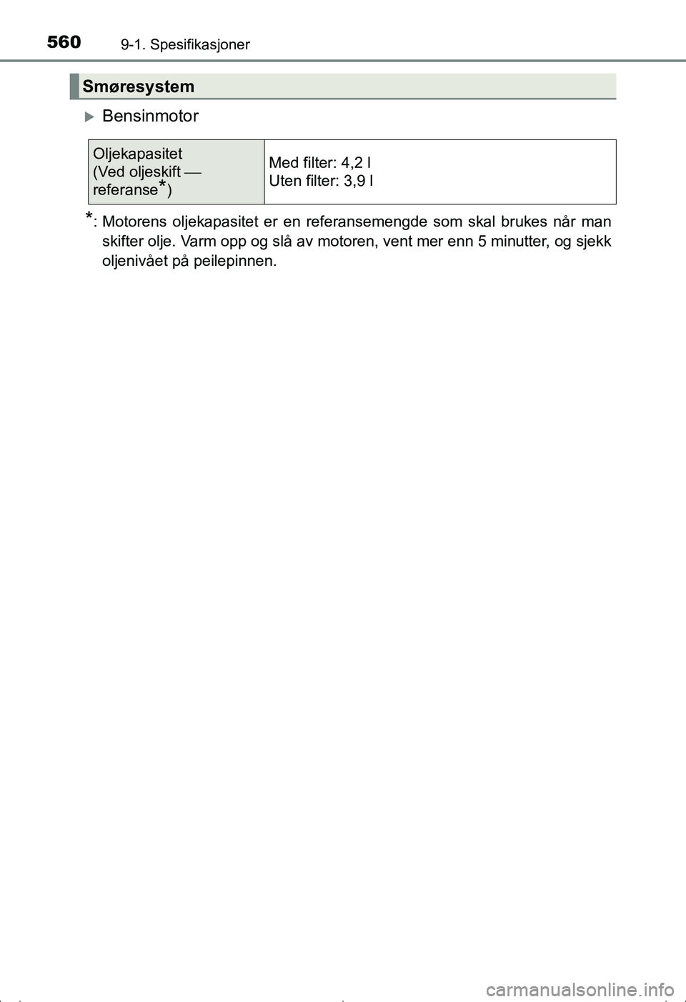 TOYOTA AVENSIS 2016 Instruksjoner for bruk (in Norwegian) 5609-1. Spesifikasjoner
OM20C20NO
Bensinmotor
*: Motorens oljekapasitet er en referansemengde som skal brukes når manskifter olje. Varm opp og slå av motoren, vent mer enn 5 minutter, og sjekk
ol TOYOTA AVENSIS 2016 Instruksjoner for bruk (in Norwegian) 5609-1. Spesifikasjoner
OM20C20NO
Bensinmotor
*: Motorens oljekapasitet er en referansemengde som skal brukes når manskifter olje. Varm opp og slå av motoren, vent mer enn 5 minutter, og sjekk
ol
