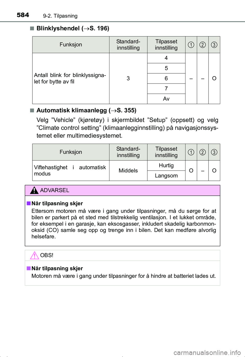 TOYOTA AVENSIS 2016 Instruksjoner for bruk (in Norwegian) 5849-2. Tilpasning
OM20C20NOn
Blinklyshendel (
S. 196)
nAutomatisk klimaanlegg ( S. 355)
Velg ”Vehicle” (kjøretøy) i skjerm bildet ”Setup” (oppsett) og velg
”Climate control setti ng TOYOTA AVENSIS 2016 Instruksjoner for bruk (in Norwegian) 5849-2. Tilpasning
OM20C20NOn
Blinklyshendel (
S. 196)
nAutomatisk klimaanlegg ( S. 355)
Velg ”Vehicle” (kjøretøy) i skjerm bildet ”Setup” (oppsett) og velg
”Climate control setti ng
