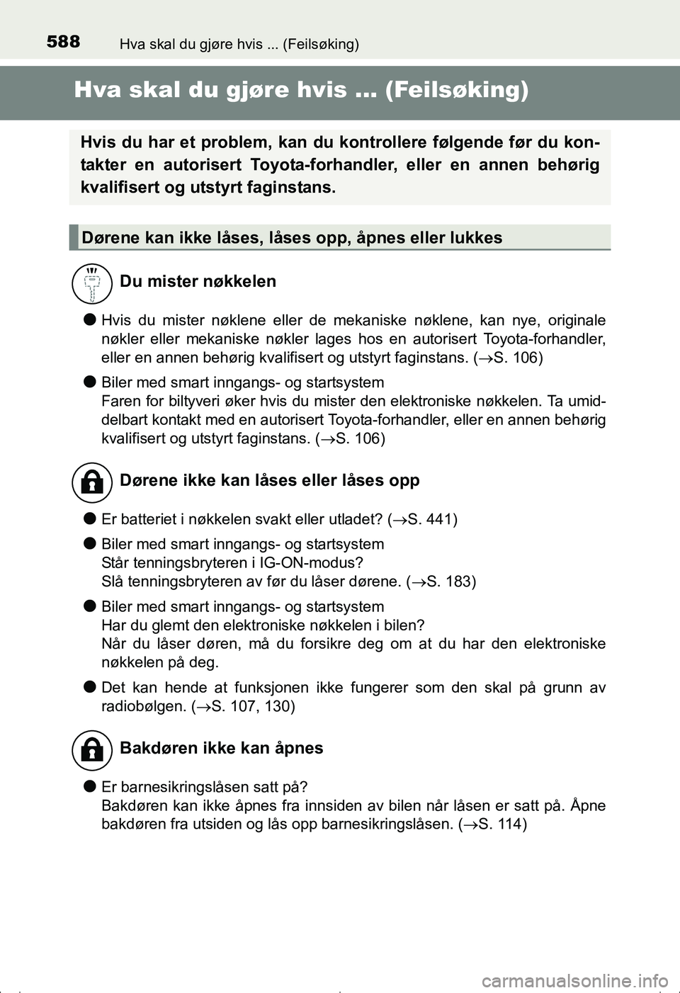 TOYOTA AVENSIS 2016 Instruksjoner for bruk (in Norwegian) 588Hva skal du gjøre hvis ... (Feilsøking)
OM20C20NO
Hva skal du gjøre hvis ... (Feilsøking)
lHvis du mister nøklene eller de mekaniske nøklene, kan nye, originale
nøkler eller mekaniske nøkle TOYOTA AVENSIS 2016 Instruksjoner for bruk (in Norwegian) 588Hva skal du gjøre hvis ... (Feilsøking)
OM20C20NO
Hva skal du gjøre hvis ... (Feilsøking)
lHvis du mister nøklene eller de mekaniske nøklene, kan nye, originale
nøkler eller mekaniske nøkle