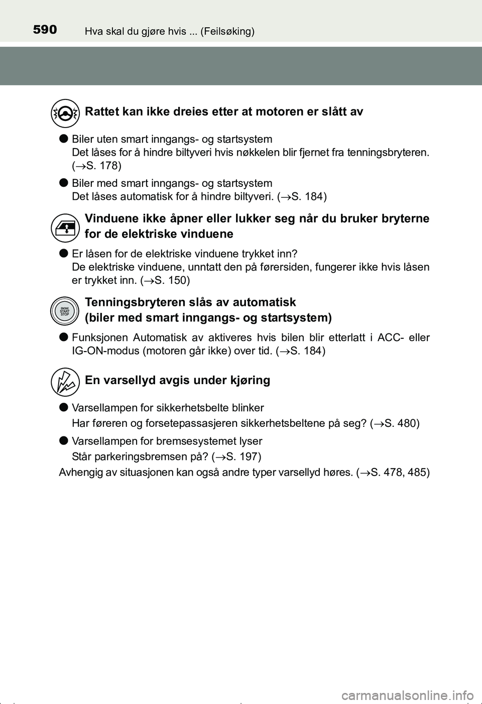 TOYOTA AVENSIS 2016 Instruksjoner for bruk (in Norwegian) 590Hva skal du gjøre hvis ... (Feilsøking)
OM20C20NO
lBiler uten smart inngangs- og startsystem
Det låses for å hindre biltyveri hvis nøkkelen blir fjernet fra tenningsbryteren.
(S. 178)
lBile TOYOTA AVENSIS 2016 Instruksjoner for bruk (in Norwegian) 590Hva skal du gjøre hvis ... (Feilsøking)
OM20C20NO
lBiler uten smart inngangs- og startsystem
Det låses for å hindre biltyveri hvis nøkkelen blir fjernet fra tenningsbryteren.
(S. 178)
lBile