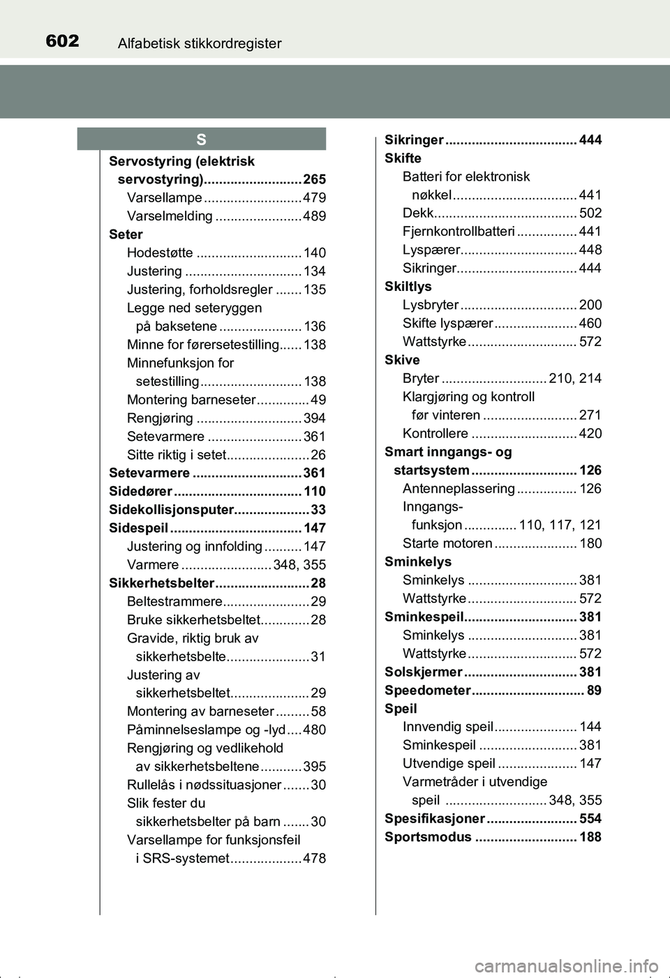 TOYOTA AVENSIS 2016 Instruksjoner for bruk (in Norwegian) 602Alfabetisk stikkordregister
OM20C20NO
Servostyring (elektrisk
servostyring).......................... 265
Varsellampe .......................... 479
Varselmelding ....................... 489
Seter TOYOTA AVENSIS 2016 Instruksjoner for bruk (in Norwegian) 602Alfabetisk stikkordregister
OM20C20NO
Servostyring (elektrisk
servostyring).......................... 265
Varsellampe .......................... 479
Varselmelding ....................... 489
Seter