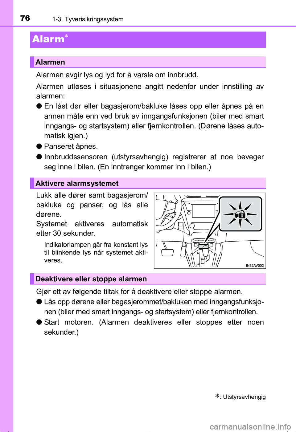 TOYOTA AVENSIS 2016 Instruksjoner for bruk (in Norwegian) 761-3. Tyverisikringssystem
OM20C20NO
Alar m
Alarmen avgir lys og lyd for å varsle om innbrudd.
Alarmen utløses i situasjonene angitt nedenfor under innstilling av
alarmen:
l En låst dør eller TOYOTA AVENSIS 2016 Instruksjoner for bruk (in Norwegian) 761-3. Tyverisikringssystem
OM20C20NO
Alar m
Alarmen avgir lys og lyd for å varsle om innbrudd.
Alarmen utløses i situasjonene angitt nedenfor under innstilling av
alarmen:
l En låst dør eller