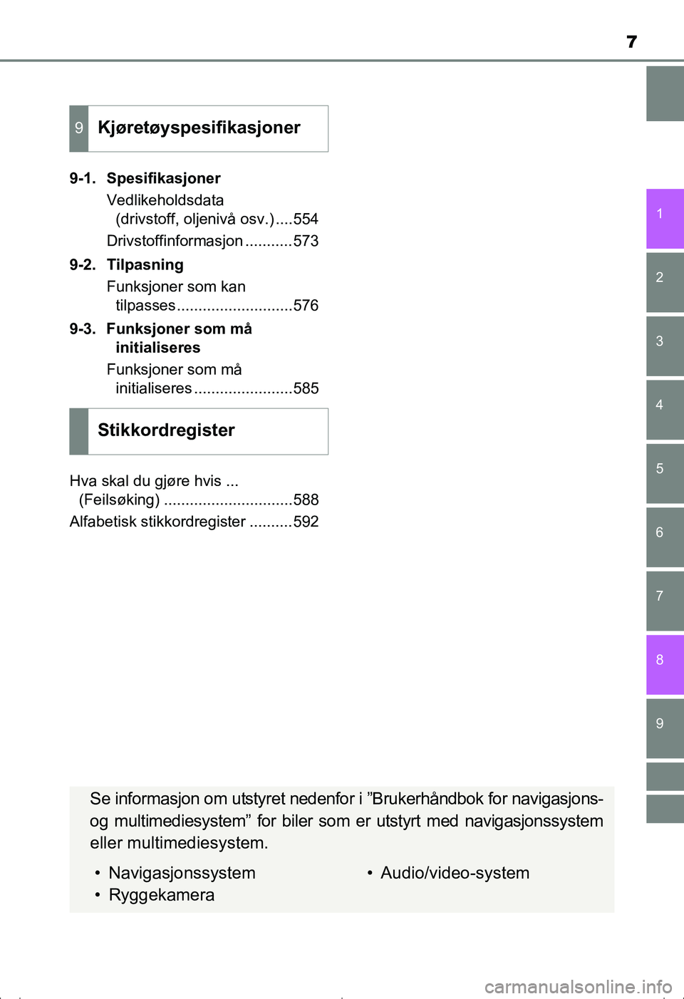 TOYOTA AVENSIS 2016 Instruksjoner for bruk (in Norwegian) 7
1
8 6 5
4
3
2
OM20C20NO
9
7
9-1. SpesifikasjonerVedlikeholdsdata (drivstoff, oljenivå osv.) ....554
Drivstoffinformasjon ...........573
9-2. Tilpasning Funksjoner som kan tilpasses................. TOYOTA AVENSIS 2016 Instruksjoner for bruk (in Norwegian) 7
1
8 6 5
4
3
2
OM20C20NO
9
7
9-1. SpesifikasjonerVedlikeholdsdata (drivstoff, oljenivå osv.) ....554
Drivstoffinformasjon ...........573
9-2. Tilpasning Funksjoner som kan tilpasses.................