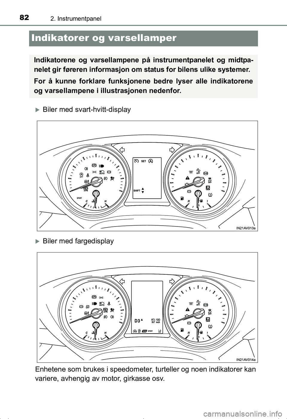 TOYOTA AVENSIS 2016 Instruksjoner for bruk (in Norwegian) 822. Instrumentpanel
OM20C20NO
Indikatorer og varsellamper
Biler med svart-hvitt-display
Biler med fargedisplay
Enhetene som brukes i speedometer, turteller og noen indikatorer kan
variere, avhe TOYOTA AVENSIS 2016 Instruksjoner for bruk (in Norwegian) 822. Instrumentpanel
OM20C20NO
Indikatorer og varsellamper
Biler med svart-hvitt-display
Biler med fargedisplay
Enhetene som brukes i speedometer, turteller og noen indikatorer kan
variere, avhe