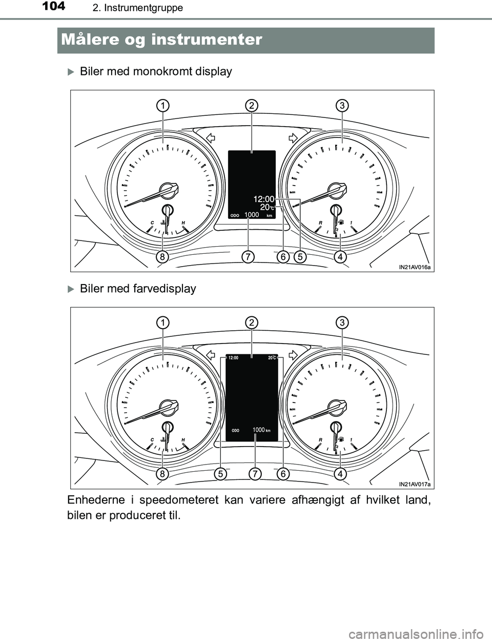 TOYOTA AVENSIS 2017 Brugsanvisning (in Danish) 1042. Instrumentgruppe
OM20C66DK
Målere og instrumenter
Biler med monokromt display
Biler med farvedisplay
Enhederne i speedometeret kan variere afhængigt af hvilket land,
bilen er produceret TOYOTA AVENSIS 2017 Brugsanvisning (in Danish) 1042. Instrumentgruppe
OM20C66DK
Målere og instrumenter
Biler med monokromt display
Biler med farvedisplay
Enhederne i speedometeret kan variere afhængigt af hvilket land,
bilen er produceret