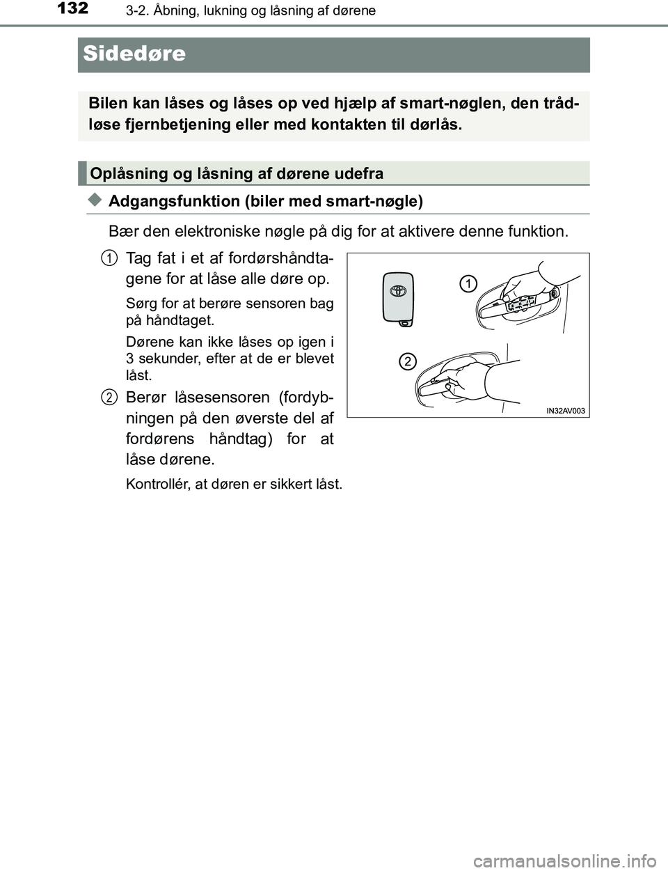 TOYOTA AVENSIS 2017 Brugsanvisning (in Danish) 1323-2. Åbning, lukning og låsning af dørene
OM20C66DK
Sidedøre
uAdgangsfunktion (biler med smart-nøgle)
Bær den elektroniske nøgle på dig for at aktivere denne funktion.
Tag fat i et af ford TOYOTA AVENSIS 2017 Brugsanvisning (in Danish) 1323-2. Åbning, lukning og låsning af dørene
OM20C66DK
Sidedøre
uAdgangsfunktion (biler med smart-nøgle)
Bær den elektroniske nøgle på dig for at aktivere denne funktion.
Tag fat i et af ford