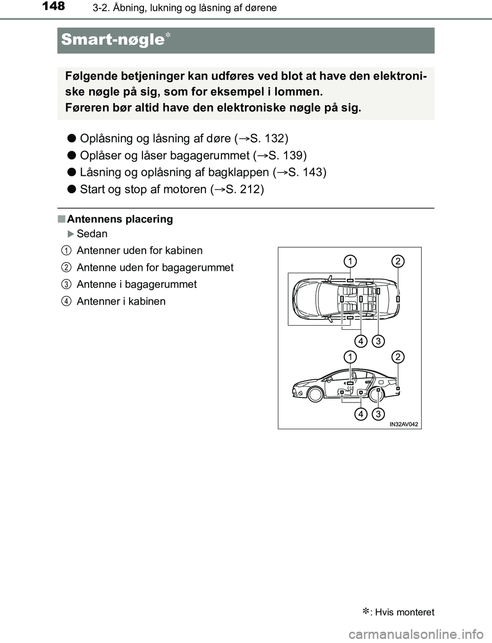 TOYOTA AVENSIS 2017 Brugsanvisning (in Danish) 1483-2. Åbning, lukning og låsning af dørene
OM20C66DK
Smart-nøgle
lOplåsning og låsning af døre ( S. 132)
l Oplåser og låser bagagerummet ( S. 139)
l Låsning og oplåsning af bagkl TOYOTA AVENSIS 2017 Brugsanvisning (in Danish) 1483-2. Åbning, lukning og låsning af dørene
OM20C66DK
Smart-nøgle
lOplåsning og låsning af døre ( S. 132)
l Oplåser og låser bagagerummet ( S. 139)
l Låsning og oplåsning af bagkl