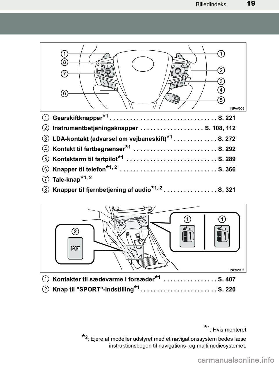TOYOTA AVENSIS 2017 Brugsanvisning (in Danish) 19Billedindeks
OM20C66DKGearskiftknapper
*1. . . . . . . . . . . . . . . . . . . . . . . . . . . . . . . . S. 221
Instrumentbetjeningsknapper . . . . . . . . . . . . . . . . . . . S. 108, 112
LDA-ko TOYOTA AVENSIS 2017 Brugsanvisning (in Danish) 19Billedindeks
OM20C66DKGearskiftknapper
*1. . . . . . . . . . . . . . . . . . . . . . . . . . . . . . . . S. 221
Instrumentbetjeningsknapper . . . . . . . . . . . . . . . . . . . S. 108, 112
LDA-ko