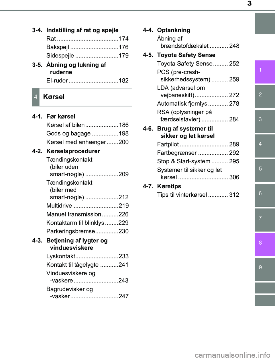 TOYOTA AVENSIS 2017 Brugsanvisning (in Danish) 3
1
8 6 5
4
3
2
OM20C66DK
9
7
3-4. Indstilling af rat og spejleRat .....................................174
Bakspejl .............................176
Sidespejle ..........................179
3-5. Åbn TOYOTA AVENSIS 2017 Brugsanvisning (in Danish) 3
1
8 6 5
4
3
2
OM20C66DK
9
7
3-4. Indstilling af rat og spejleRat .....................................174
Bakspejl .............................176
Sidespejle ..........................179
3-5. Åbn