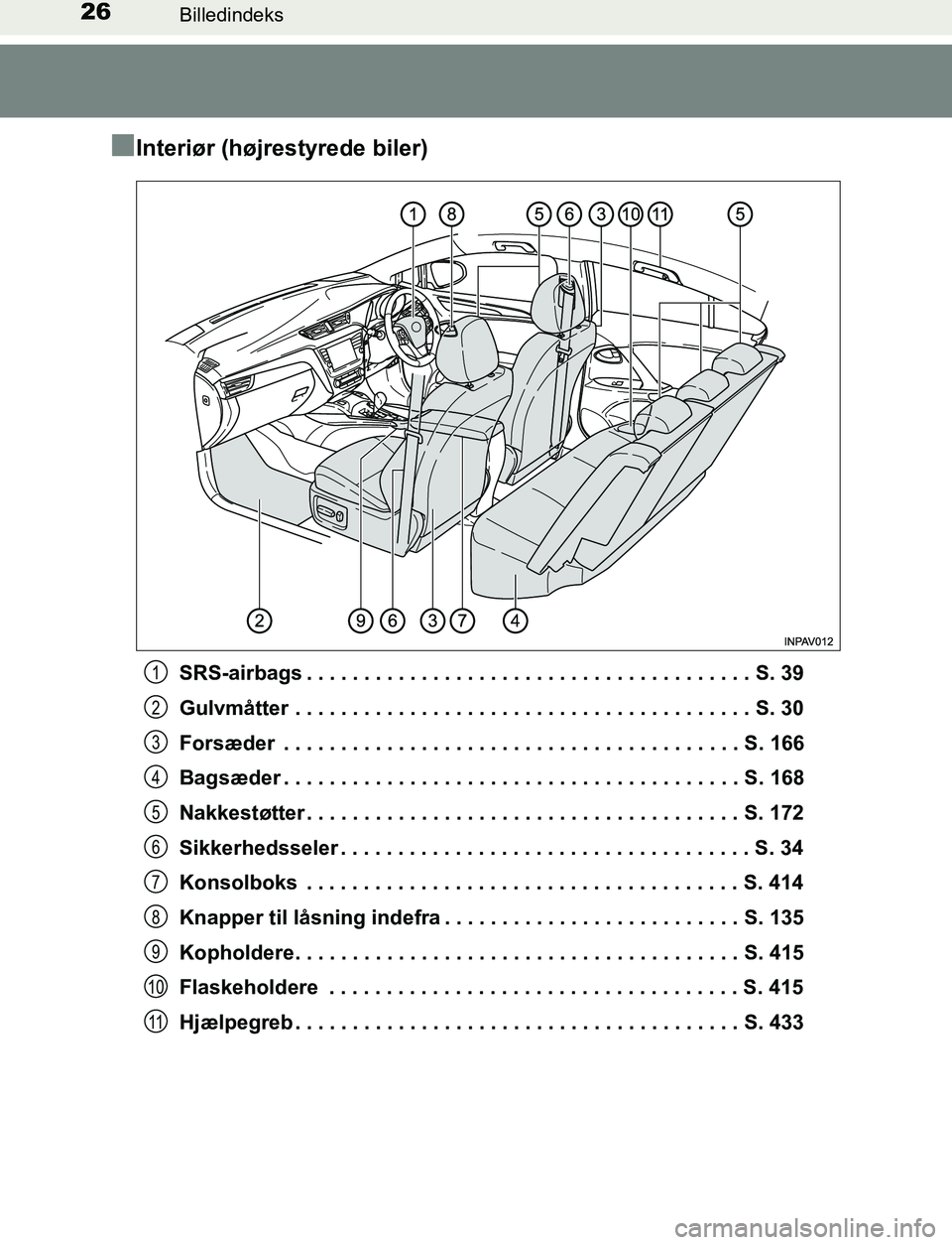 TOYOTA AVENSIS 2017 Brugsanvisning (in Danish) 26Billedindeks
OM20C66DK
nInteriør (højrestyrede biler)
SRS-airbags . . . . . . . . . . . . . . . . . . . . . . . . . . . . . . . . . . . . . . . S. 39
Gulvmåtter . . . . . . . . . . . . . . . . . TOYOTA AVENSIS 2017 Brugsanvisning (in Danish) 26Billedindeks
OM20C66DK
nInteriør (højrestyrede biler)
SRS-airbags . . . . . . . . . . . . . . . . . . . . . . . . . . . . . . . . . . . . . . . S. 39
Gulvmåtter . . . . . . . . . . . . . . . . .