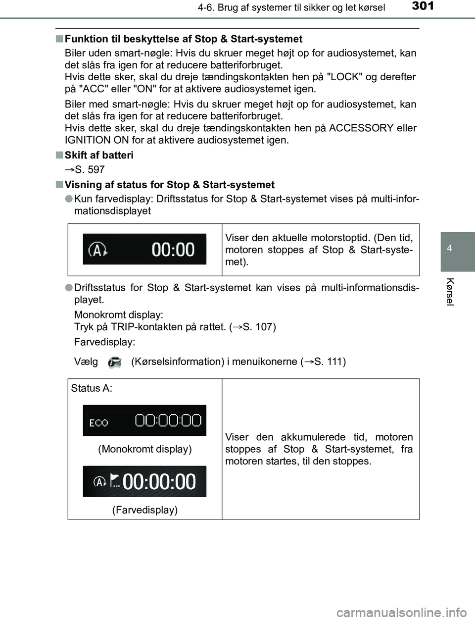 TOYOTA AVENSIS 2017 Brugsanvisning (in Danish) 3014-6. Brug af systemer til sikker og let kørsel
4
Kørsel
OM20C66DK
nFunktion til beskyttelse af Stop & Start-systemet
Biler uden smart-nøgle: Hvis du skruer meget højt op for audiosystemet, kan
TOYOTA AVENSIS 2017 Brugsanvisning (in Danish) 3014-6. Brug af systemer til sikker og let kørsel
4
Kørsel
OM20C66DK
nFunktion til beskyttelse af Stop & Start-systemet
Biler uden smart-nøgle: Hvis du skruer meget højt op for audiosystemet, kan